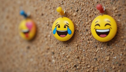 Three emoji pins attached to a cork board with varying expressions and push pin colors