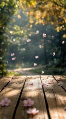 Falling Flower Petals on Wooden Table in Sunlit Forest Setting