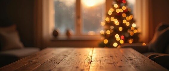 A cozy and warm interior scene with a wooden table in the foreground and a blurred Christmas tree and lights in the background, creating a festive mood.