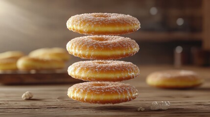 Stacked sugared donuts on wooden surface with additional donuts nearby