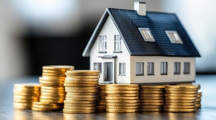 Miniature house atop stacks of coins.