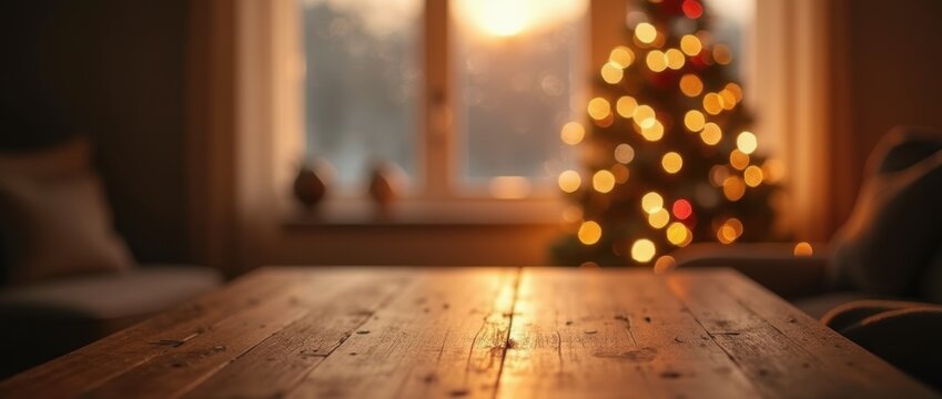 A cozy and warm interior scene with a wooden table in the foreground and a blurred Christmas tree and lights in the background, creating a festive mood.