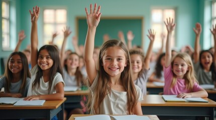 A happy and diverse group of elementary students actively participating in a bright, modern classroom. The image conveys curiosity, learning, and joy.