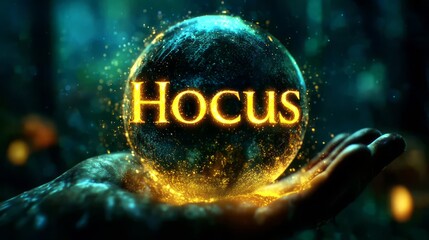 A glowing crystal ball with the word "Hocus" written on it in golden letters