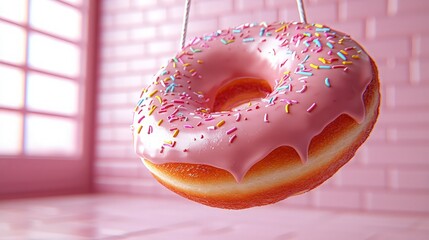 Pink glazed donut with sprinkles hanging against a brick wall