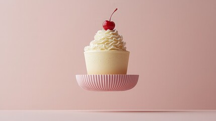 Cupcake with cherry and whipped cream on pink saucer