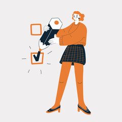 Cartoon vector illustration of a woman planting a flag on a giant checkbox, symbolizing decisive choices and personal victory