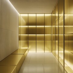 Luxurious Gold Interior Design Room with Golden Shelving and Seating