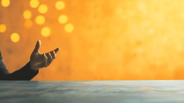 Person gesturing with open hand against a warm bokeh filled background