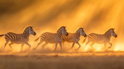 Fototapeta premium Zebras gallop through golden savanna, stripes glowing in sunlight, dust rising with motion.