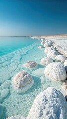 Striking turquoise waters meet a shoreline of crystalline white salt formations under a clear blue sky
