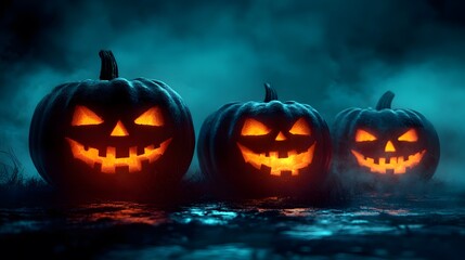 Naklejka premium Three Glowing Jack-O'-Lanterns in a Spooky Foggy Night Scene
