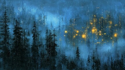 Forest landscape with glowing city in distance