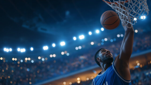 Exciting Basketball Game Action with Players Dunking and Cheering Crowd - Powered by Adobe
