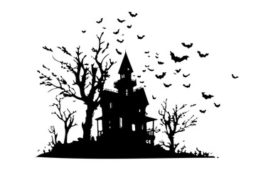 Haunted House – Halloween Black and White Vector Illustration