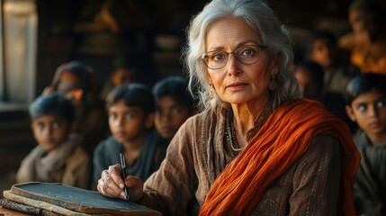 An elderly South Asian woman with gray hair and glasses sits at a desk, writing. A group of young boys in the background attentively watch her.