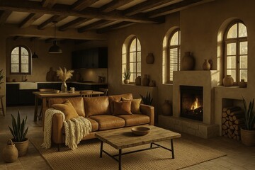 A warm, rustic-modern open-plan home interior with earthy tones and natural textures, captured during golden hour. The main space showcases a cozy living area with a caramel leather sofa.