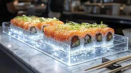 Salmon sushi rolls on illuminated display with chopsticks