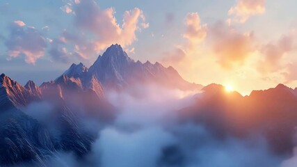 Peaceful mountain landscape at sunrise with soft mist and glowing light flares, animated cloud movement in loop - Powered by Adobe