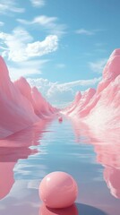Pastel River Between Pink Hills with Spheres and Cloudy Sky