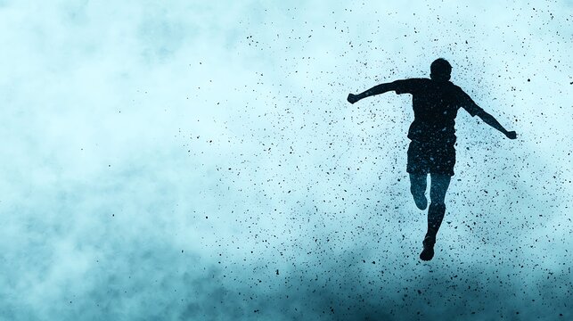 Silhouette of a soccer player exploding into particles on a blue background