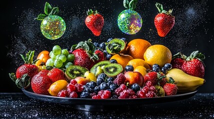 Assorted fruit on platter with falling fruit and sparkling elements