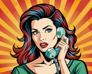 beautiful woman chatting on the retro phone pop art comic illustration style	
