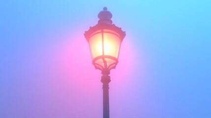Fototapeta premium A vintage-style street lamp casts a vibrant neon glow of pink and blue hues against a misty backdrop, blending nostalgia with urban modernity.