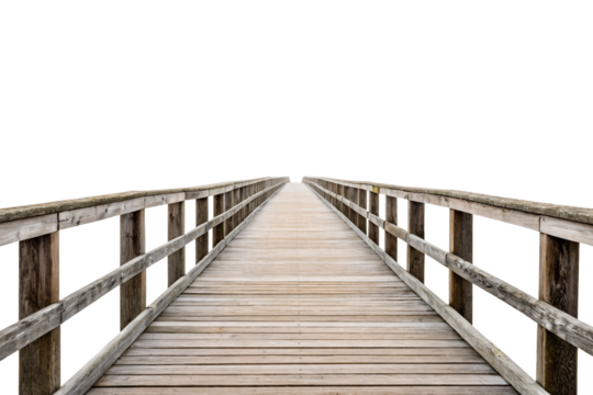Weathered wooden boardwalk with railings extending into misty white background creating vanishing point perspective, isolated on a transparent background
