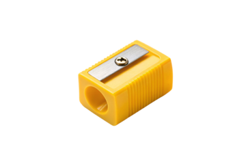 Bright yellow plastic pencil sharpener with metal blade and circular opening for standard pencils, isolated on a transparent background