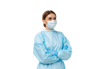 Female healthcare worker in blue medical gown and surgical mask with arms crossed in professional pose, isolated on a transparent background