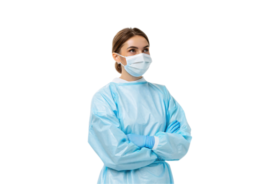 Female healthcare worker in blue medical gown and surgical mask with arms crossed in professional pose, isolated on a transparent background