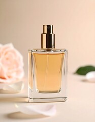 Perfume advertisement, bottle and minimalism: Luxury perfume bottle on a plain beige background.