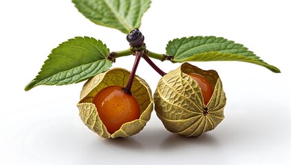 Physalis berry with open husk, white background, botanical detail, 4K