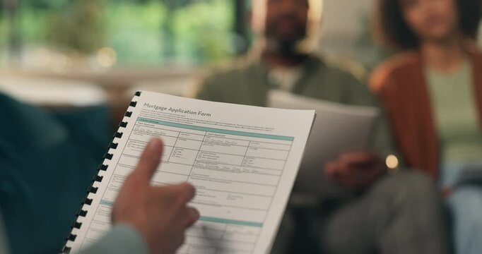 Document, hands and realtor with couple in home for loan, mortgage or property investment. Paperwork, man and woman with real estate agent for financial discussion, negotiation or explain application