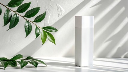 A minimalist white bottle with green leaves and dappled sunlight creates a serene and natural aesthetic for product presentation
