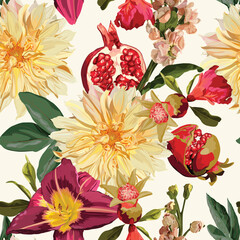 Seamless Pattern. Garden beige red flowers. Pomegranate fruit with magical lily, dahlia flowers. Realistic vector image. Print for all types of surfaces. Trendy print.