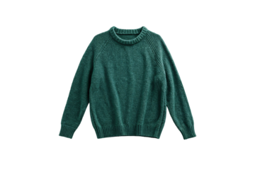 Dark green knitted sweater with crew neck collar and ribbed edges showing soft wool texture and classic design, isolated on a transparent background