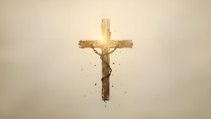 Wooden Cross Suspended in Warm Light