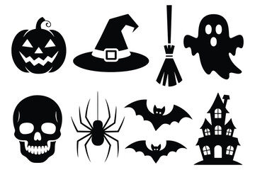 Halloween icons pumpkin ghost witch hat spider bats haunted house