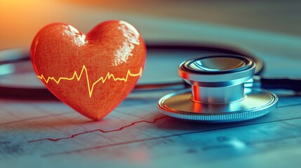 Three-dimensional model of a heart with an electrocardiogram superimposed, resting on medical records.