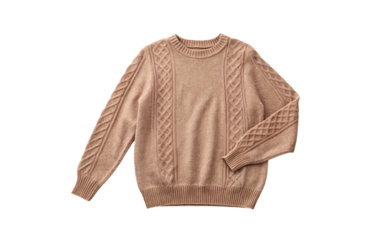 Brown cable-knit sweater with intricate diamond and braided patterns, crew neck, ribbed cuffs and hem, isolated on a transparent background