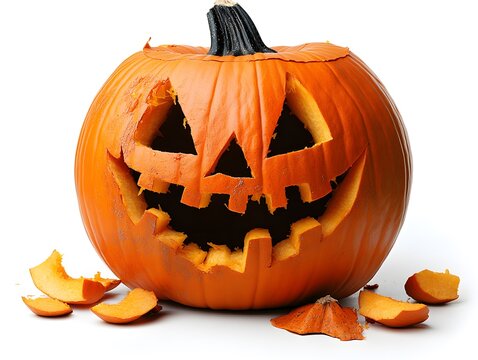 A carved Halloween pumpkin featuring a jack-o'-lantern face with scattered broken pieces.