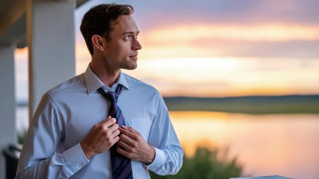 Confident young man in formal business attire, male adult adjusting striped tie on balcony at sunset, wearing professional shirt, thoughtful and reflective mood with serene lake and nature background