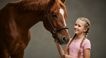 Girl Touching Horse Bridle Smiling Together Close Studio Shot