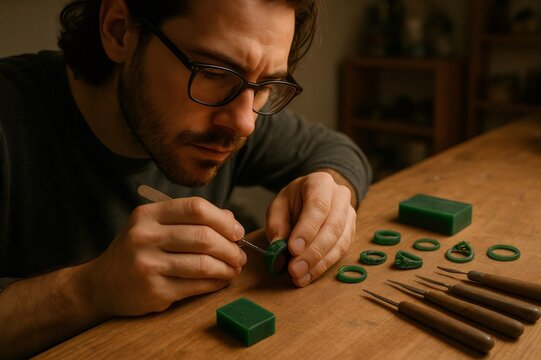 Skilled artisan meticulously shaping wax molds for jewelry creation, using specialized tools on a wooden workbench, highlighting craftsmanship - Powered by Adobe