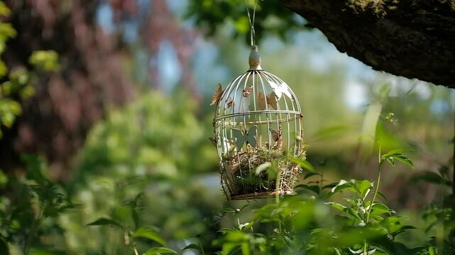 Ein alter Vogelk&auml;fig bewegt sich langsam in einer leichten Brise. Slow Motion aufnahme. Sommer in Deutschland