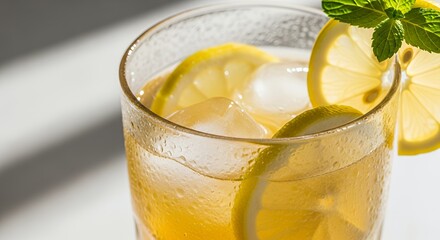 Refreshing Lemonade with Yellow Lemon Slices and Mint in Glass