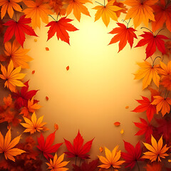 Obraz premium Autumnal arrangement of vibrant red orange and yellow maple leaves forming a border with a warm golden background