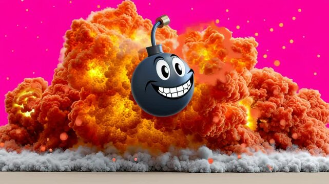 Cartoon bomb is exploding in a cloud of orange smoke. The bomb is smiling and has a happy expression